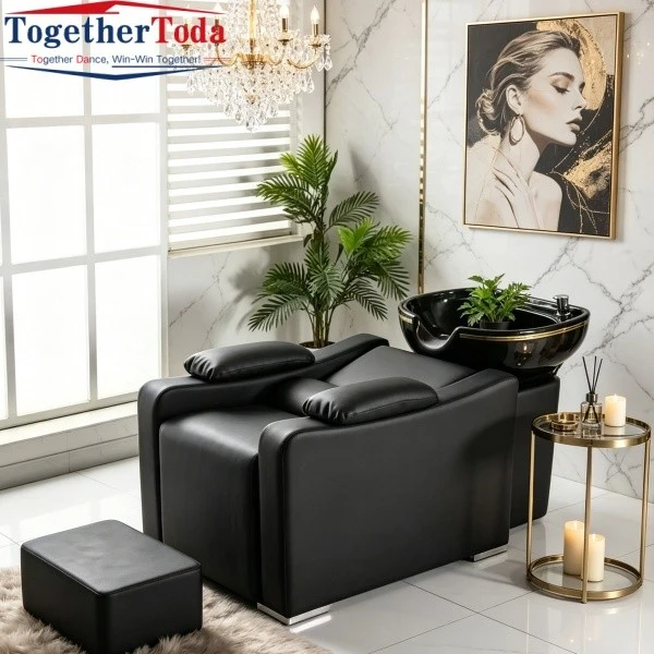 Salon Shampoo Chair and Sink Set Marble Wall Style