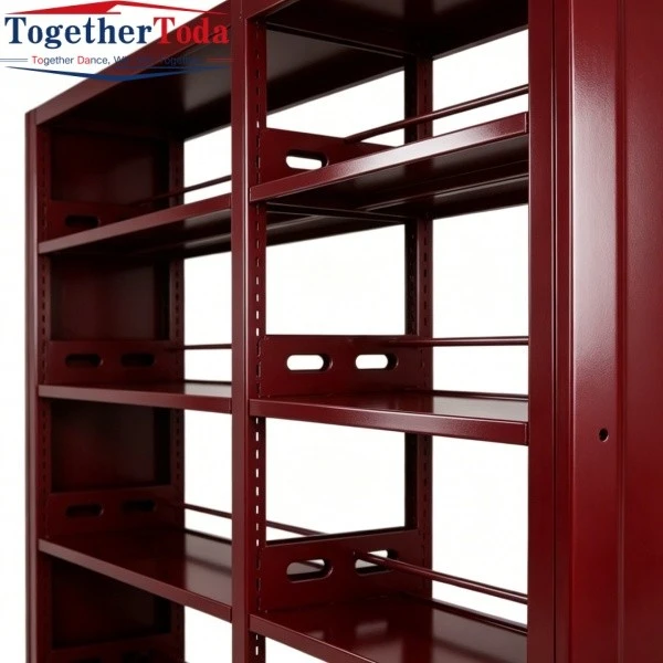 Detailed View of Maroon Steel Frame Bookshelf
