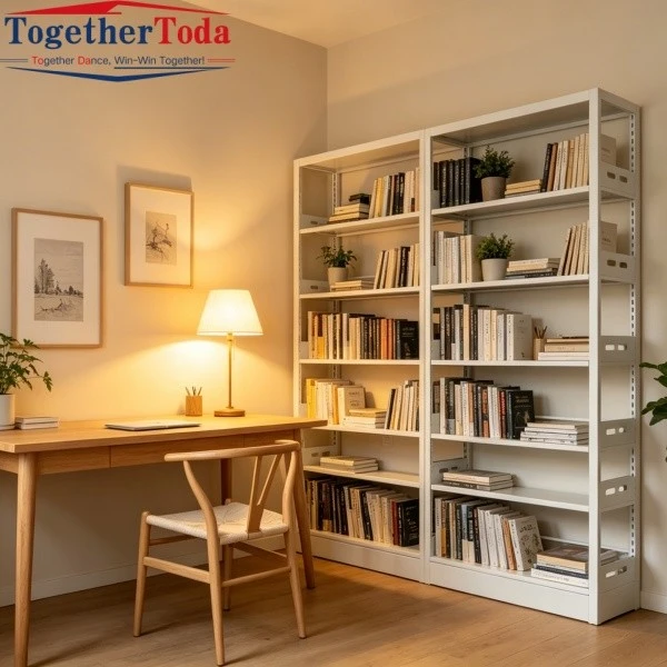 Warm Home Study with White Steel Frame Bookshelf