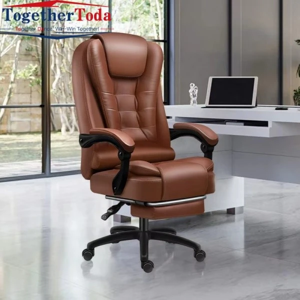 Steel revolving chair brown pu leather with footrest