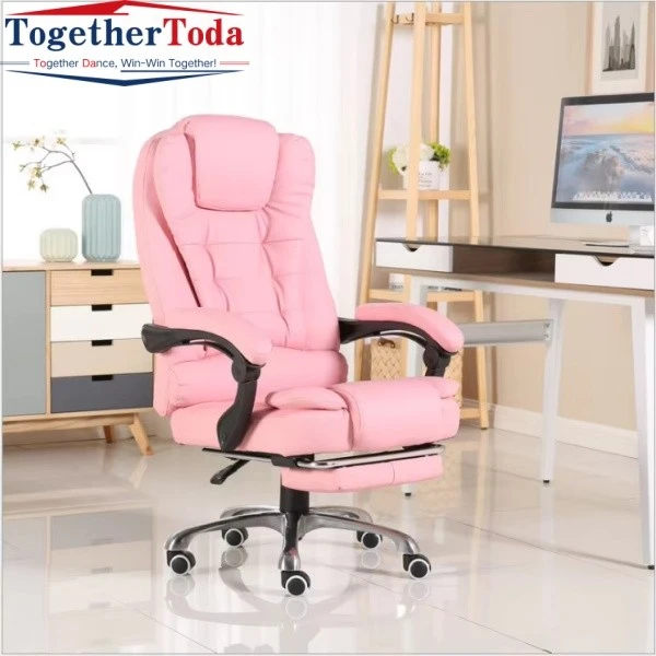 Steel revolving chair pink pu leather recliner with footrest