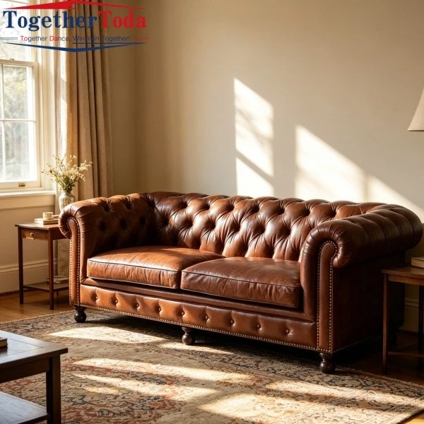 Tan Leather Sleeper Sofa Living Room Scene